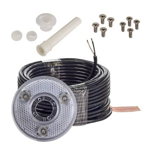 Underwater LED pool light kit with screws, a coiled cable, a white pipe, and other small components, featuring the Pentair Pool 590046 LED Bubbler Replacement Light Engine with a 100' Cord.