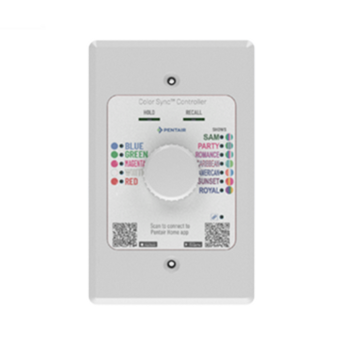 The Pentair Pool 618031 Color Sync Controller is an ideal solution for managing LED pool lighting, featuring an intuitive option dial, eye-catching color labels, and a convenient QR code right on the wall plate. Integrate it effortlessly with the Pentair Home App to achieve seamless control over your pool's ambiance.