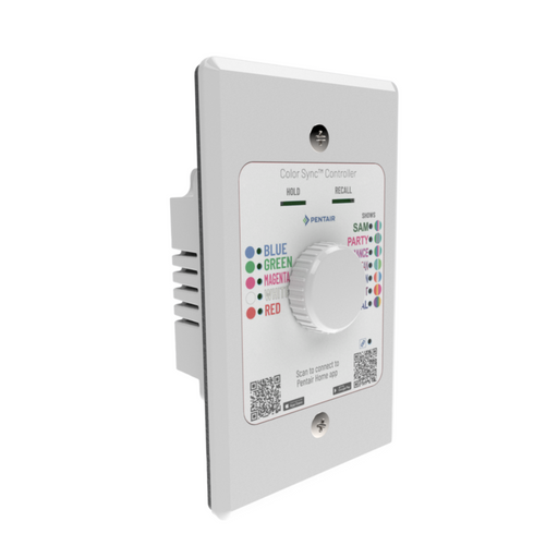 The Pentair Pool 618031 Color Sync Controller is a sleek, white, wall-mounted device featuring a central dial and buttons for customizing LED pool lighting options. Effortlessly manage your ambiance using the Pentair Home App for seamless control.