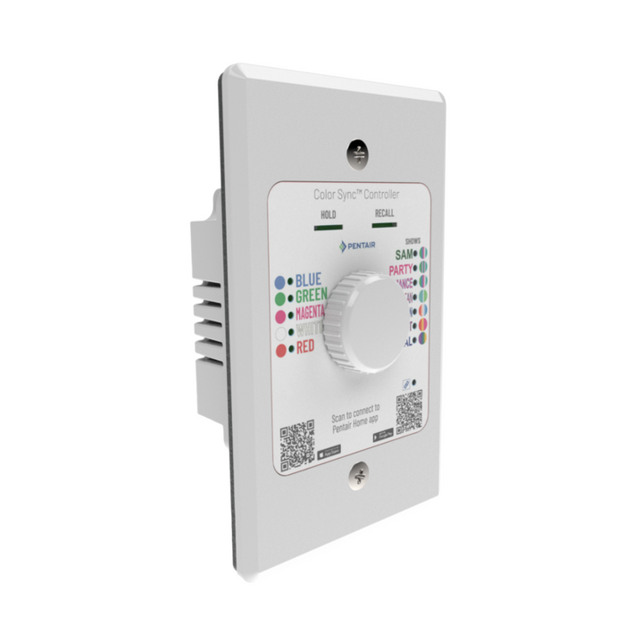The Pentair Pool 618031 Color Sync Controller is a sleek, white, wall-mounted device featuring a central dial and buttons for customizing LED pool lighting options. Effortlessly manage your ambiance using the Pentair Home App for seamless control.
