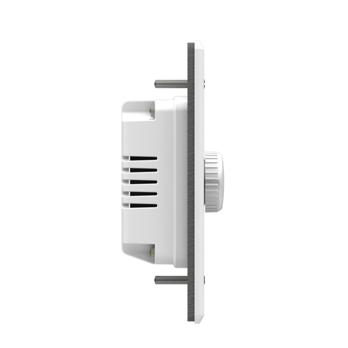 Side view of the Pentair Pool Color Sync Controller, a white dimmer switch featuring a knob and mounting hardware, designed for perfect compatibility with LED pool lighting to provide seamless ambiance control.