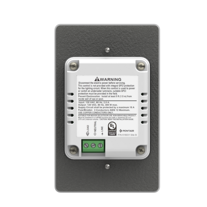 Electric panel featuring a warning label and green wiring ports at the bottom, expertly integrated with the Pentair Pool's Color Sync Controller (Model 618031), all mounted on a gray wall plate.