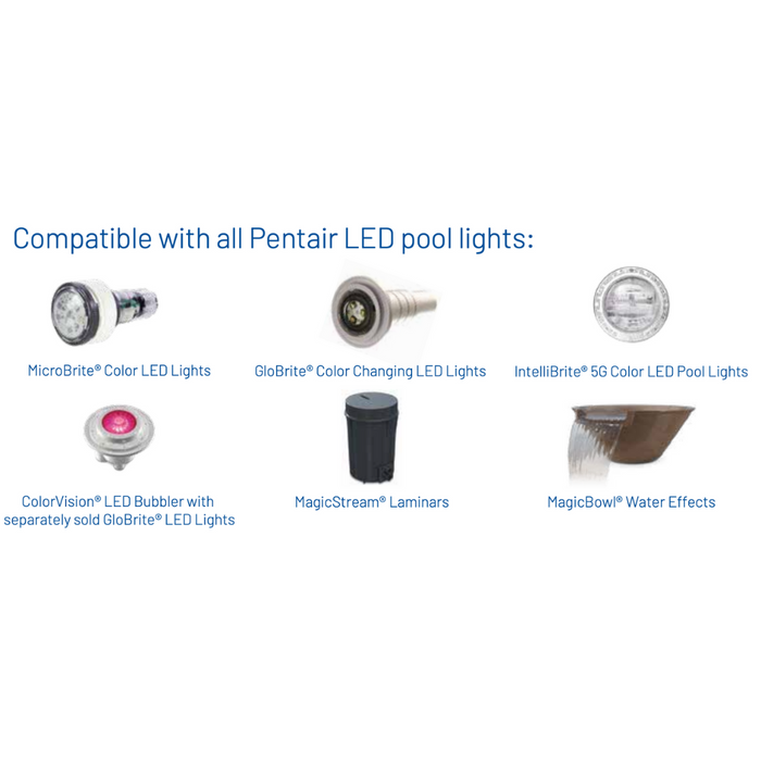 Image showcasing various compatible Pentair LED pool lights and effects, enhanced with the seamless integration of the Pentair 618031 Color Sync Controller by Pentair Pool for an automated schedule.