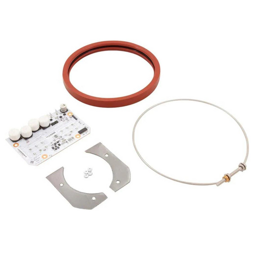 On a white background are components from the Pentair 619818Z Light Engine Kit for 2nd Gen Intellibrite 5G Color LED Lights, including the circuit board, metal brackets, rubber ring, and a Pentair metal wire loop.