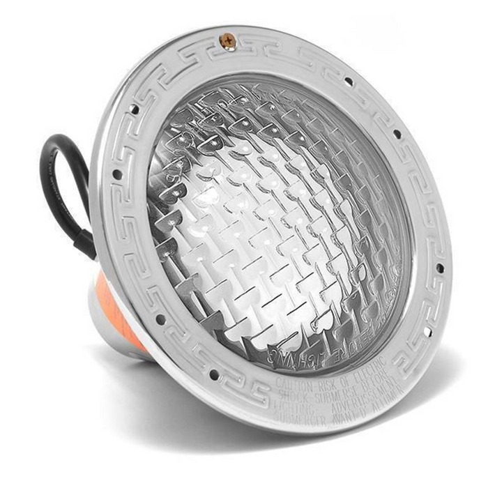 Close-up of a round, silver LED light bulb with a textured surface and connected wires, designed for overhead fixtures. The Pentair 78456300 White Amerlite Incandescent Light 120V 500W 100' Cord by Pentair Pool features durable stainless steel components for long-lasting performance, inspired by Amerlite underwater lights.