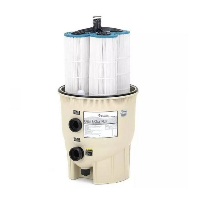 The Pentair Pool Clean & Clear Plus Multi Cartridge Filter EC-160340 320 Sq Ft features a cylindrical cartridge assembly and an easy-to-read pressure gauge on top, ensuring both efficiency and easy installation.