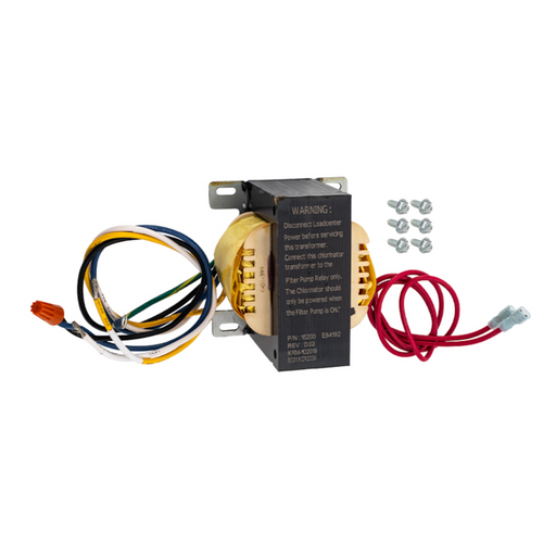 The Pentair Pool 520722 EasyTouch Transformer for the IntelliChlor Salt Chlorine Generator is equipped with yellow coils adorned with a warning label. Engineered for seamless compatibility with the Easytouch® Control System, it boasts precise wiring and sturdy screws to ensure dependable performance.