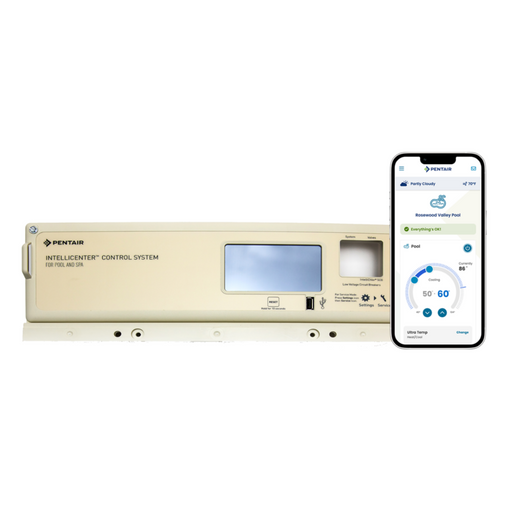 A Pentair 522048 IntelliTouch/EasyTouch to Next Gen Upgrade Kit - i10PS for CLC/CPC and smartphone displaying a pool automation app interface on a white background.
