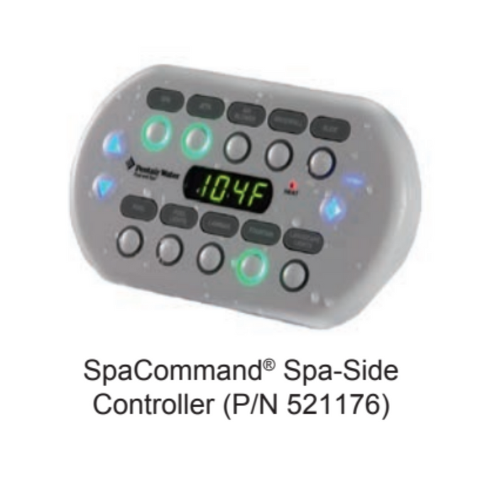 A Pentair IntelliCenter SpaCommand 10 Ten-Function Spa-Side Remote Control with buttons and a digital display showing 104°F, compatible with Pentair SpaCommand Remote and EasyTouch Control Systems.