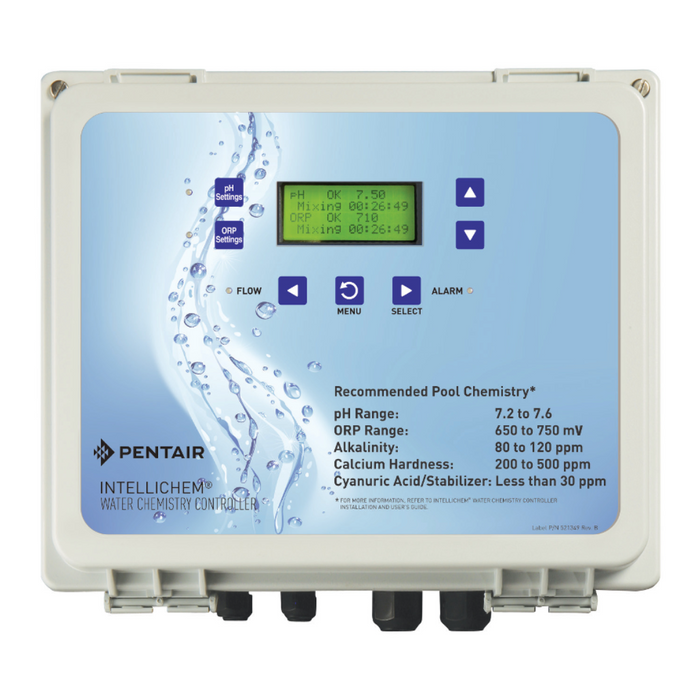 The Pentair Pool 522622 IntelliChem Controller is a sophisticated pool chemistry system featuring a digital display and control buttons. As part of Pentair Automation Products, it seamlessly integrates with acid and chlorine tanks, along with tank-mounted pumps, for optimal maintenance.