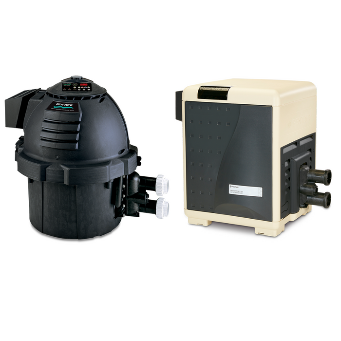 Two pool heaters from Pentair Pool; one is a circular, black Pentair MAX-E-THERM and the other is a beige rectangular unit. Both feature digital displays and control panels.