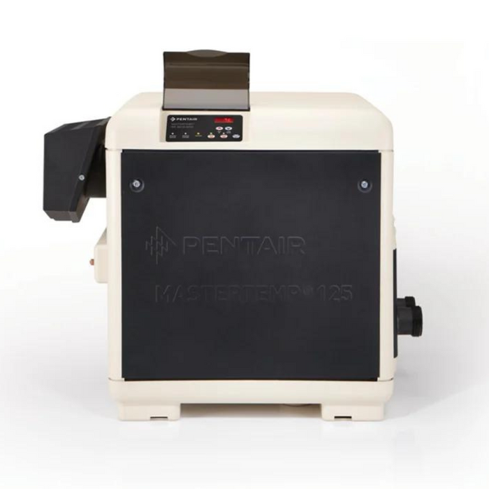The Pentair Pool 125K BTU MasterTemp 125 Natural Gas Heater with Cord EC-462024 461059 is a beige and black pool heater featuring a control panel and pre-mixed combustion technology for enhanced thermal efficiency.