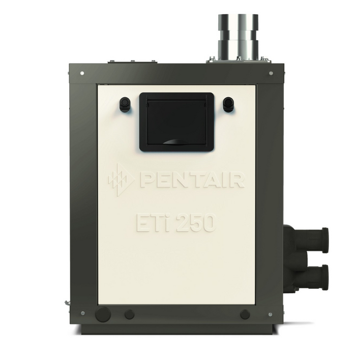 The Pentair Pool 250K BTU ETi Natural Gas Heater 461112, designed with TitanTough™ Titanium for improved durability and thermal performance, includes dual exhaust vents on top and a front-facing, user-friendly control panel.
