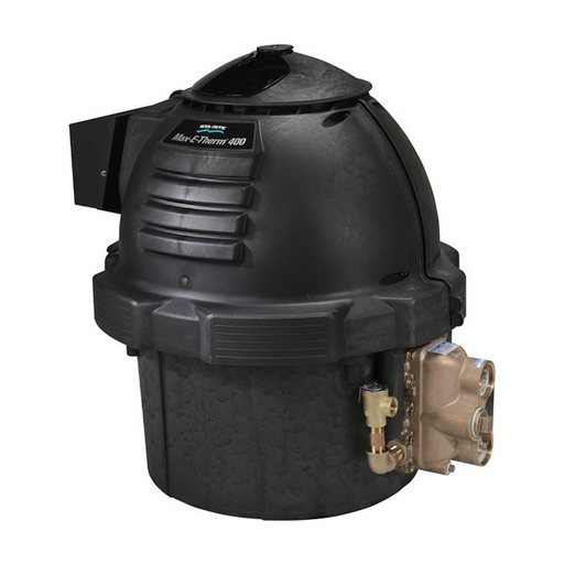 The Pentair Pool 250K BTU Max-E-Therm ASME Natural Gas Heater Cupronickel 460767 boasts a sleek black design with a round dome shape and brass fittings. Its compact form is paired with an eco-friendly operation, featuring a durable stainless steel sleeve to maximize heating efficiency while minimizing environmental impact.