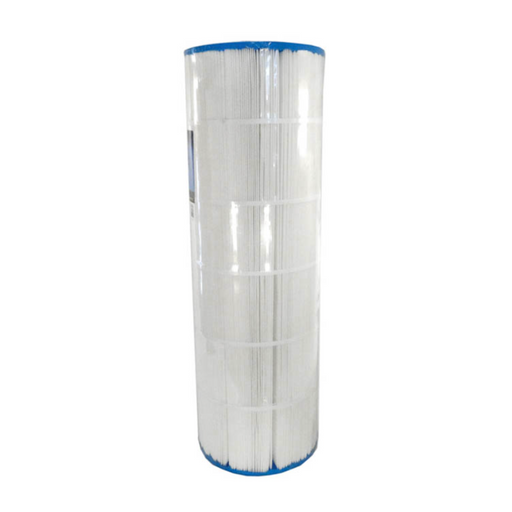 A Pentair Pool R173217 200 Sq Ft Clean & Clear Replacement Cartridge Element, cylindrical in shape with blue and white pleats, UPC Code 788379017156, standing upright against a plain background.