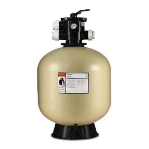 The Pentair Taglus TA Top Mount Sand Filter with Multiport Valve by Pentair Pool features a tan, durable fiberglass tank for long-lasting performance. It is equipped with a black multiport valve and a gauge on top, all mounted on a sturdy black base.