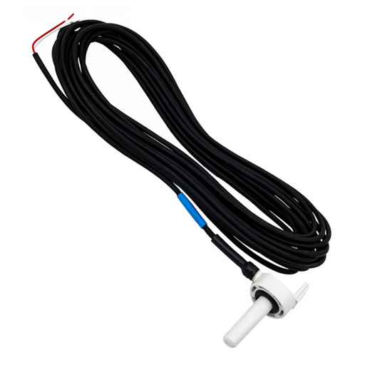 The Pentair Temperature Sensor 20' Cable (Air/Water/Solar) by Pentair Pool features a coiled black cable and a white cylindrical sensor, making it perfect for pool automation control. Ideal for individuals seeking precision and reliability in their systems, it is elegantly displayed against a white background.