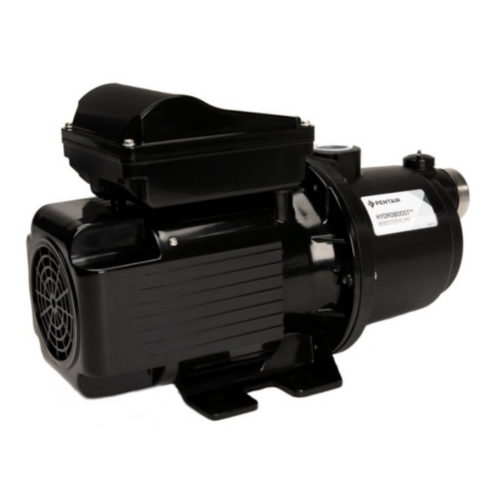 The Pentair Pool 1.1HP HydroBoost Booster Pump 360526 in black features a visible motor and label, making it an excellent choice for incorporating into your pressure-side pool cleaner setup or using as a Booster Pump in your HydroBoost system.