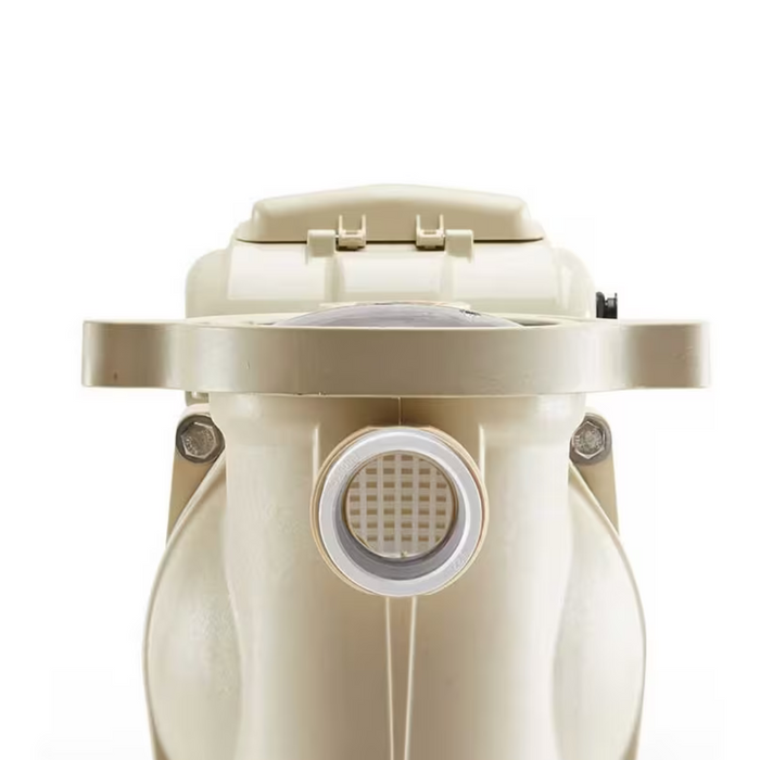 Close-up of the Pentair Pool 1.5HP Superflo Variable Speed Pump EC-342001 on a white background, highlighting its front section with an outlet and bolts on the sides, in a beige and energy-efficient design.