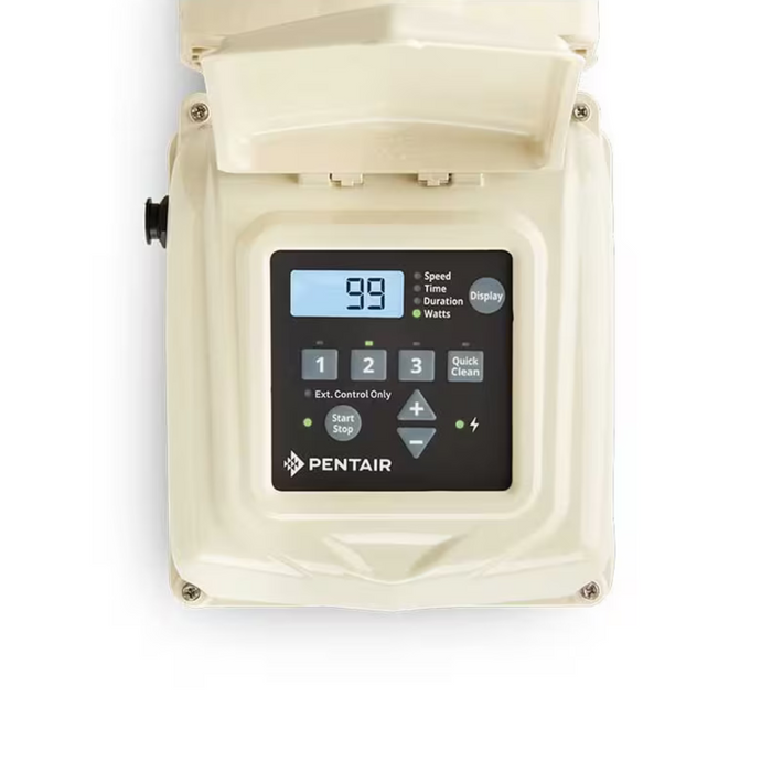 The ultra-quiet operation and energy efficiency of the Pentair 1.5HP Superflo Variable Speed Pump EC-342001 by Pentair Pool are highlighted in its digital control panel, featuring a numeric display, buttons, and the iconic Pentair logo.