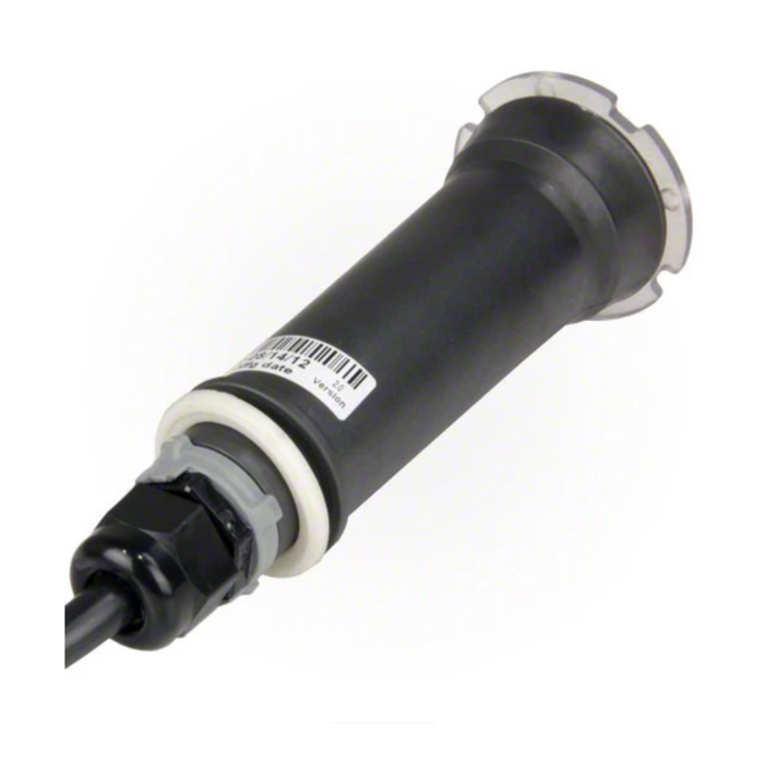 Close-up of a black cylindrical electronic sensor with a barcode, brightly illuminated by the Pentair 100' GloBrite WHITE ONLY Pool Spa LED Light 602104 from Pentair Pool, and connected by a cable.