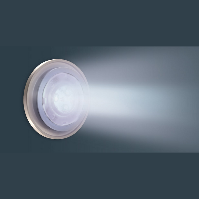 A round Pentair 100' GloBrite WHITE ONLY Pool Spa LED Light 602104 - NEW VERSION emits a bright, energy-efficient glow against a dark background.