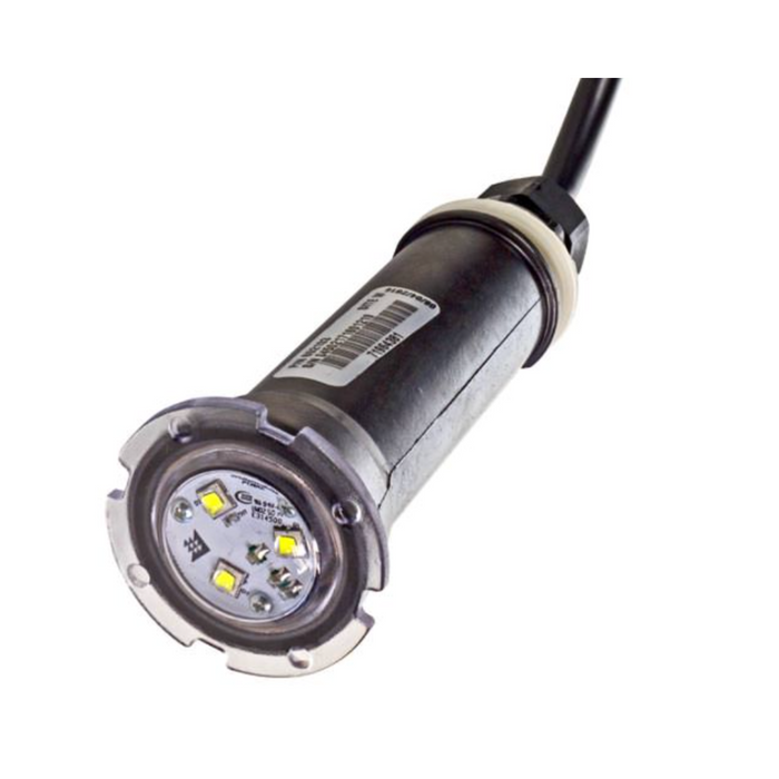 Close-up of the Pentair 100' GloBrite WHITE ONLY Pool Spa LED Light 602104 - NEW VERSION with a cable connection, perfect for applications requiring bright illumination.