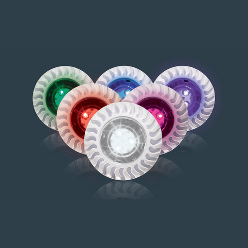 Five vibrant, energy-efficient Pentair 50' Globrite multi-color pool spa LED lights with circular frames are arranged in a staggered formation against a dark background.