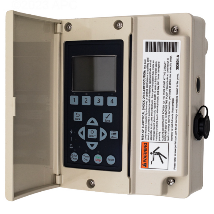 A Pentair Pool control panel with a numeric keypad and display is neatly mounted in a beige box featuring a Pentair 356922Z IntelliFlo VSF Drive Kit label on the door, emphasizing its advanced technology for variable speed drive operation.