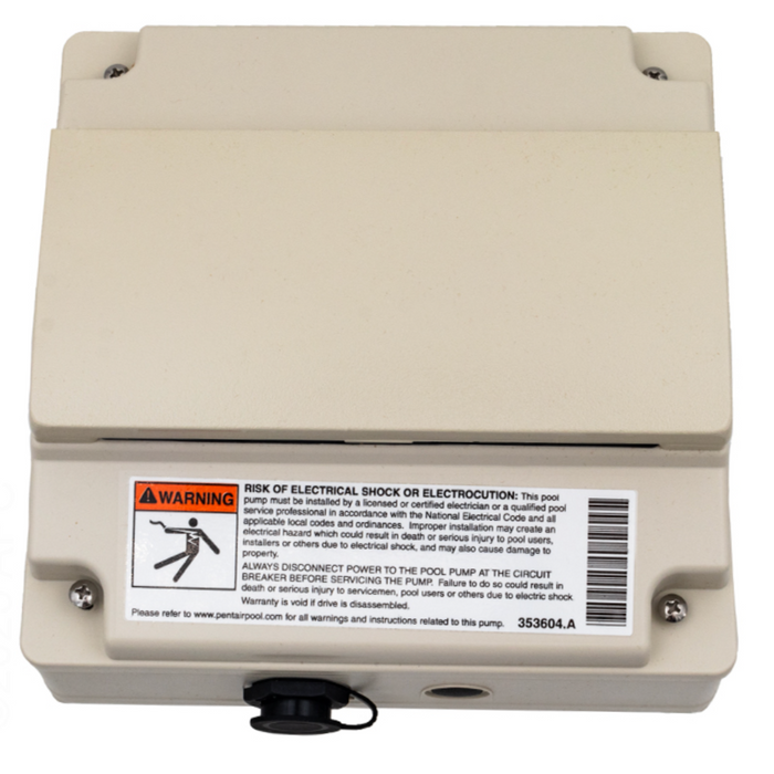 Beige electrical control box with a warning label regarding electrical shock risks and installation guidelines, ideal for managing devices like the Pentair Pool IntelliFlo VSF Drive Kit.