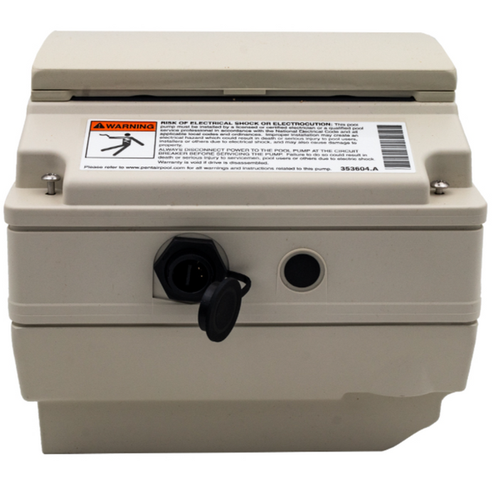 A beige electrical control box contains a Pentair 356922Z IntelliFlo VSF Drive Kit, featuring a power switch and safety warning label on top, to ensure efficient operation of your pool pump.
