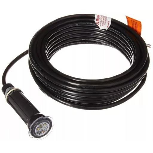 A 50-foot coiled extension cord from Pentair Pool, featuring the NEW VERSION Globrite MULTI COLOR LED lighting, with a plug on one end and a transparent cap on the other.