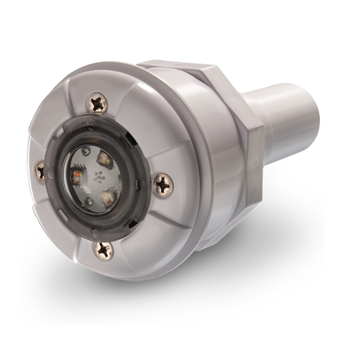 A cylindrical, gray LED light from Pentair Pool, featuring a lens and screws, designed for industrial use, exemplifies the energy-efficient LED lighting of the new version Pentair 50' Globrite MULTI COLOR Pool Spa LED Light 602054.
