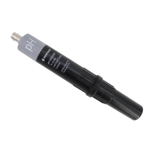 The Pentair Pool 522186 IntelliChem pH Sensor, featuring a black exterior and connector, is ideal for use with IntelliChem systems and includes the "pH" label along with product details on the side.
