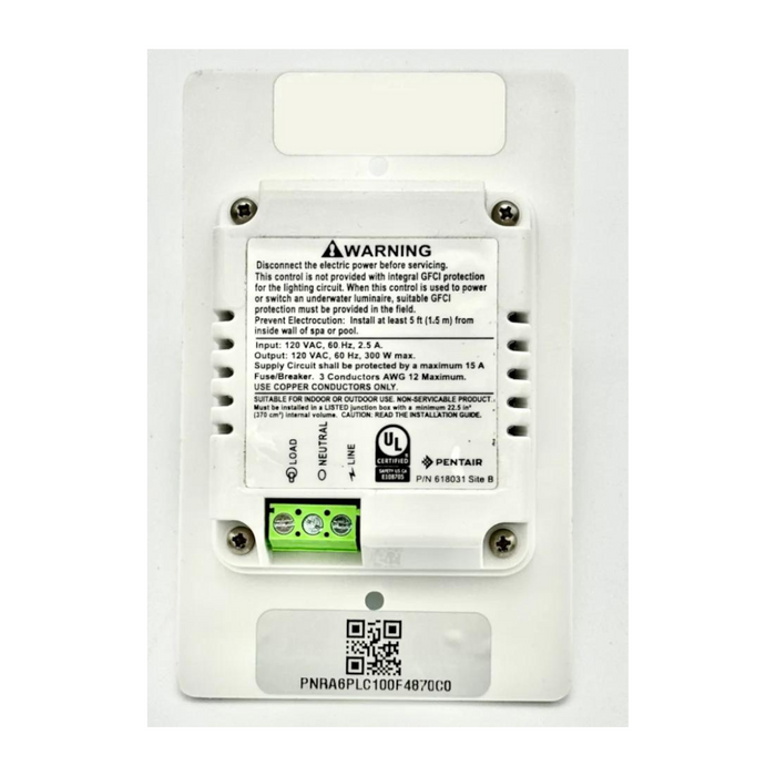 The Pentair Pool 618031 Color Sync Controller is a white control panel featuring wiring connections and a warning label, flawlessly synchronized with Pentair LED Lights for seamless automation of schedules.