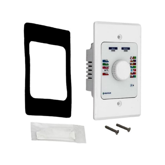 White wall-mounted dimmer switch featuring a sleek black faceplate, complete with two screws and a small plastic packet, ideal for pool lighting. Pair it with your Pentair Pool 618031 Color Sync Controller to effortlessly manage automated schedules.