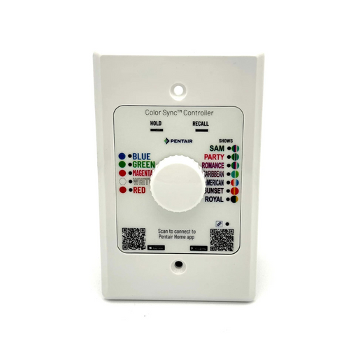 The Pentair Pool 618031 Color Sync Controller, finished in white, features a central dial and clearly labeled color mode options on the panel, making it ideal for managing pool lighting. Enjoy effortless operation with automated schedules to ensure your pool is always beautifully illuminated.