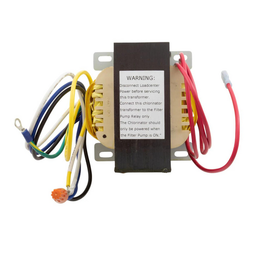 A Pentair Pool 520722 EasyTouch Transformer, featuring multiple colored wires and a warning label on the front, is perfectly compatible with the IntelliChlor Salt Chlorine Generator for seamless integration.