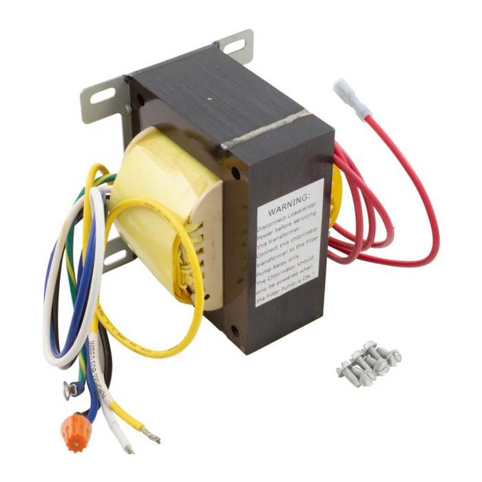 The Pentair 520722 EasyTouch Transformer for IntelliChlor Salt Chlorine Generator by Pentair Pool includes multiple colored wires, mounting brackets, and a complete set of screws, making it ideal for integration with the 520722 Easytouch® Control System.