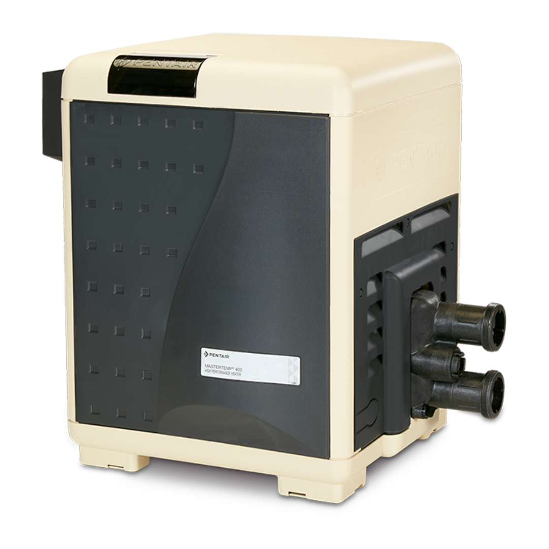 Beige and black pool heater with multiple pipe connections on the side.
