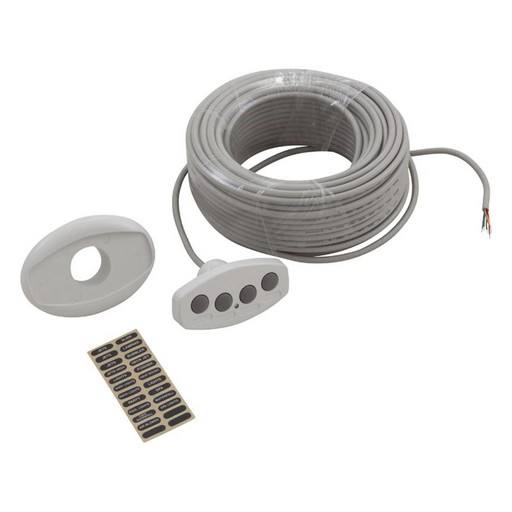 Pentair Pool's iS4 Four-Function Spa-Side Remote Control features a coiled grey electronic cable with connectors and comes with a sheet of small black labels, making it ideal for integrating EasyTouch Control Systems into your setup.