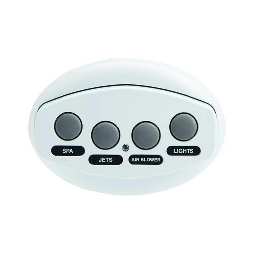 The Pentair iS4 Four-Function Spa-Side Remote Control from Pentair Pool features an oval control panel with four buttons labeled Spa, Jets, Air Blower, and Lights on a white background. It seamlessly integrates with EasyTouch Control Systems for effortless operation.