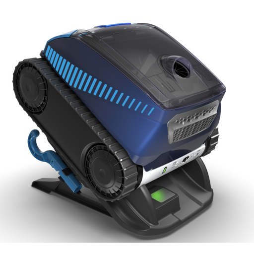 The stylish Polaris FREEDOM™ Cordless Robotic Cleaner, equipped with tank-like treads, sits on its charging station, powered by a durable lithium-ion battery and seamlessly operated via the iAquaLink app.
