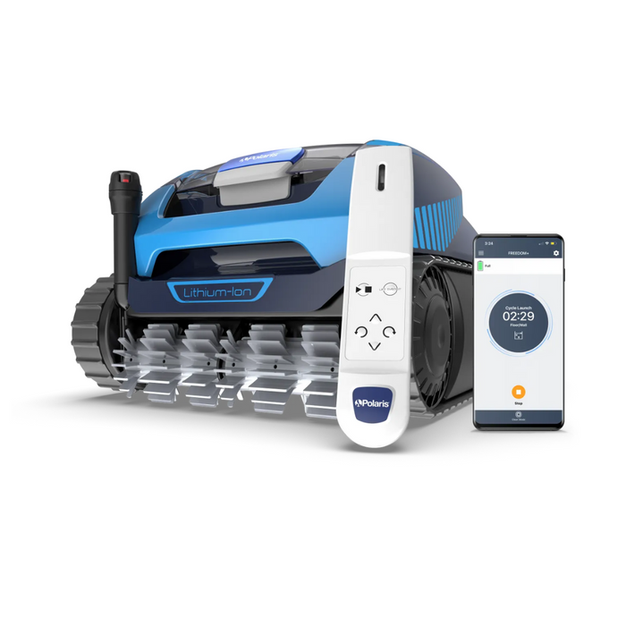 Introducing the Polaris FREEDOM™ Plus, a cordless robotic cleaner for your pool in a sleek blue and black design, equipped with tracks and a LiFi remote. Effortlessly set your pool's cleaning schedule using the convenient smartphone timer app.