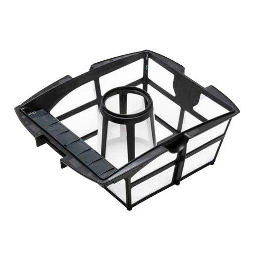 The Polaris Fine Sand Silt Filter Canister R0632700, featuring a square filter basket with a black plastic frame, white mesh, and central funnel-like structure, is compatible with Polaris P825 and Polaris 8050 Sport models.
