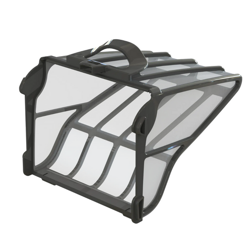 Introducing the Polaris Ultra Fine Sand Silt Filter Canister R0535800 by Polaris—a gray, transparent plastic container with a handle, featuring a geometric design and ventilation slots, designed specifically for use with the Polaris robotic pool cleaner.