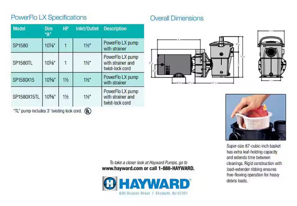 Hayward 1HP Power-Flo LX Above Ground Single Speed Pump W3SP1580