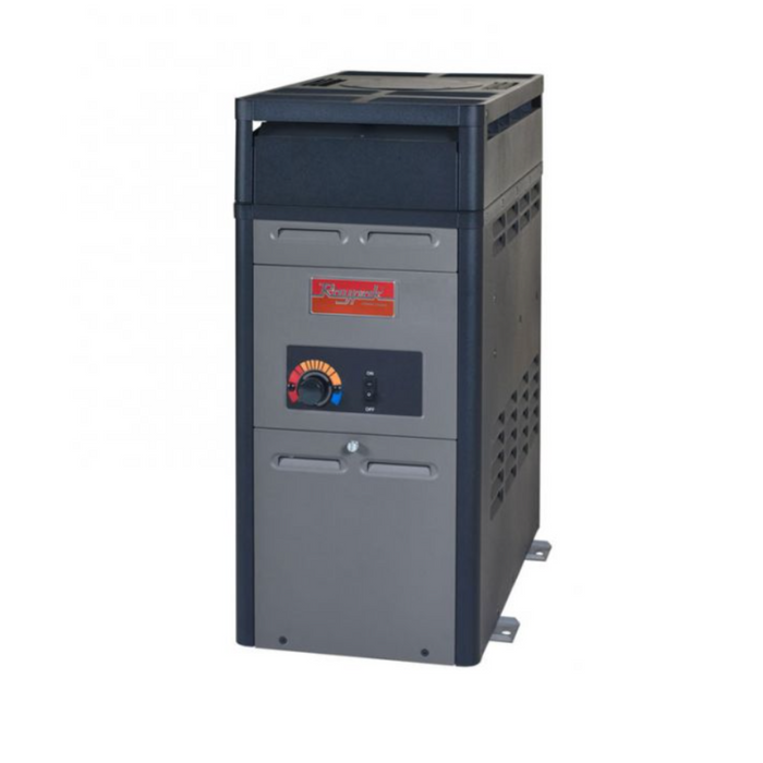 The Raypak 105K BTU 106A Above Ground Gas Heater, identified as models 014779 and 014781, is a stylish gray vertical furnace specifically designed for above-ground pools. It features an analog control dial and has a distinctive red label on the front panel.