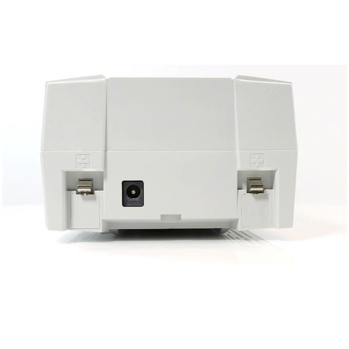 The S.R. Smith 100-2000 Linak Battery for Pool Lifts is a rectangular, white electronic device featuring extension ports on both sides and powered by a rechargeable battery.