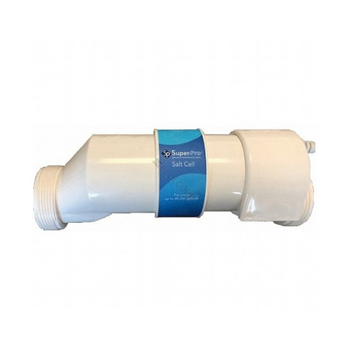 A Super-Pro SUPERPRO40K Salt Cell for AquaRite 40K gal Salt Generator, featuring a white body with a blue label and threaded connectors on both ends against a plain background, designed for consistent sanitization by converting pool salt to chlorine.